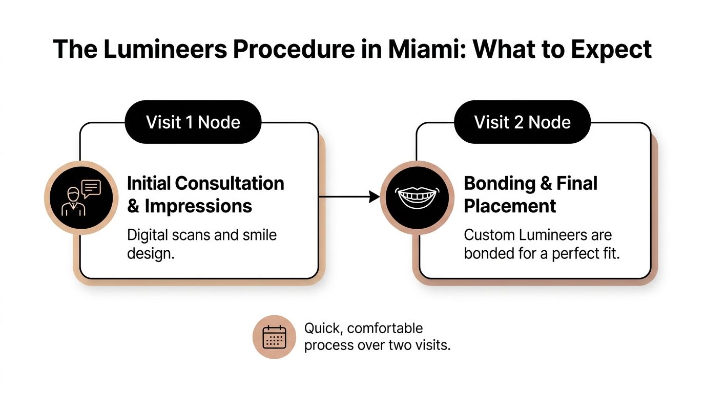 A two-step infographic illustrating the Lumineers dental procedure process in Miami over two separate visits.