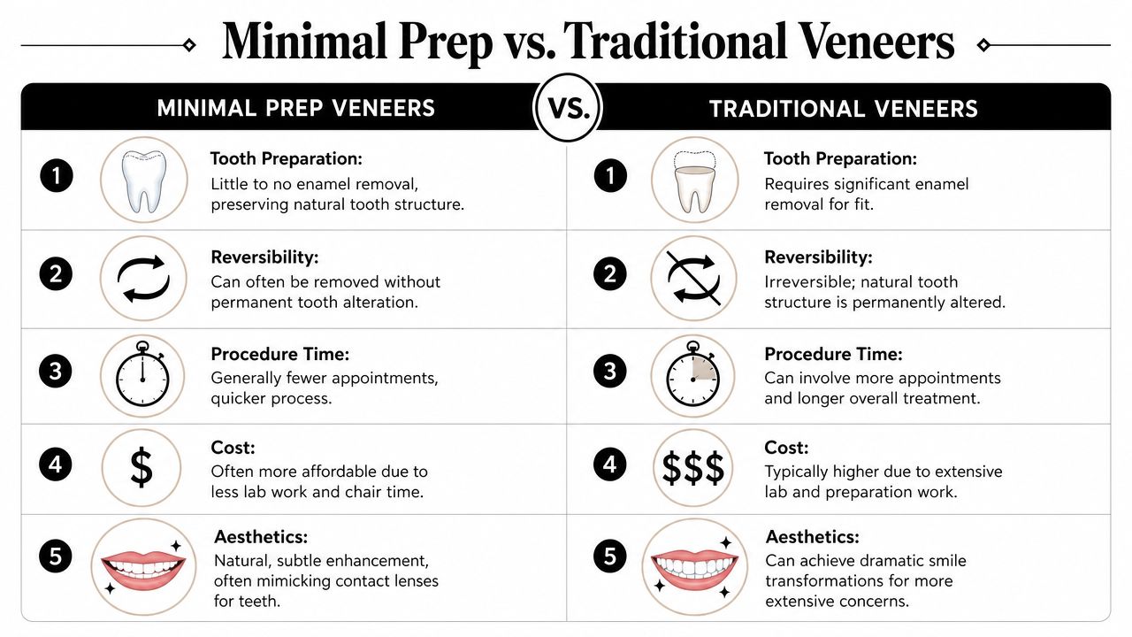 A comparison chart outlining the key differences between minimal prep veneers and traditional dental veneers.