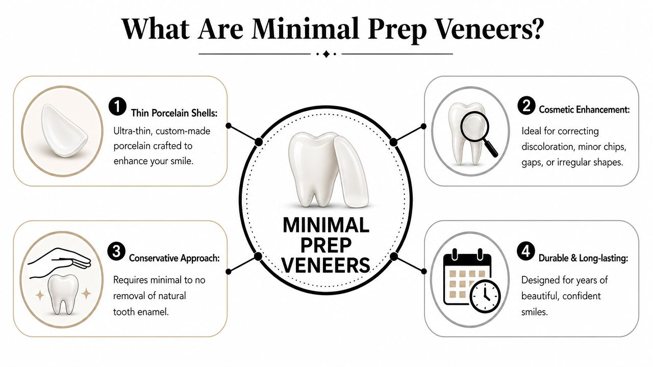 An infographic explaining the benefits and features of minimal prep veneers for cosmetic dental enhancement.