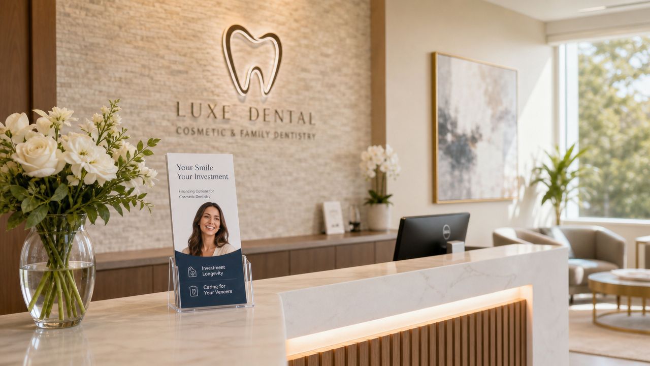 A modern, upscale dental office reception desk featuring a brochure, flower bouquet, and the Luxe Dental logo.