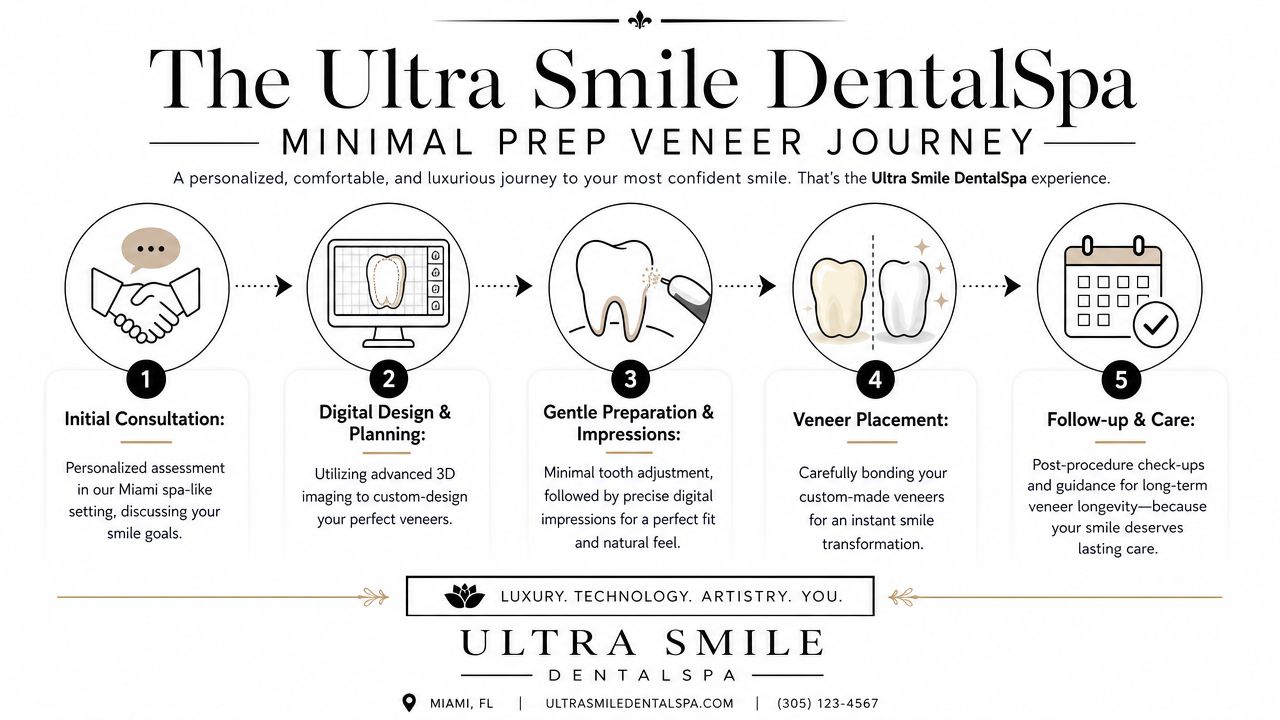 An infographic detailing the five-step minimal prep veneer process at The Ultra Smile DentalSpa in Miami.