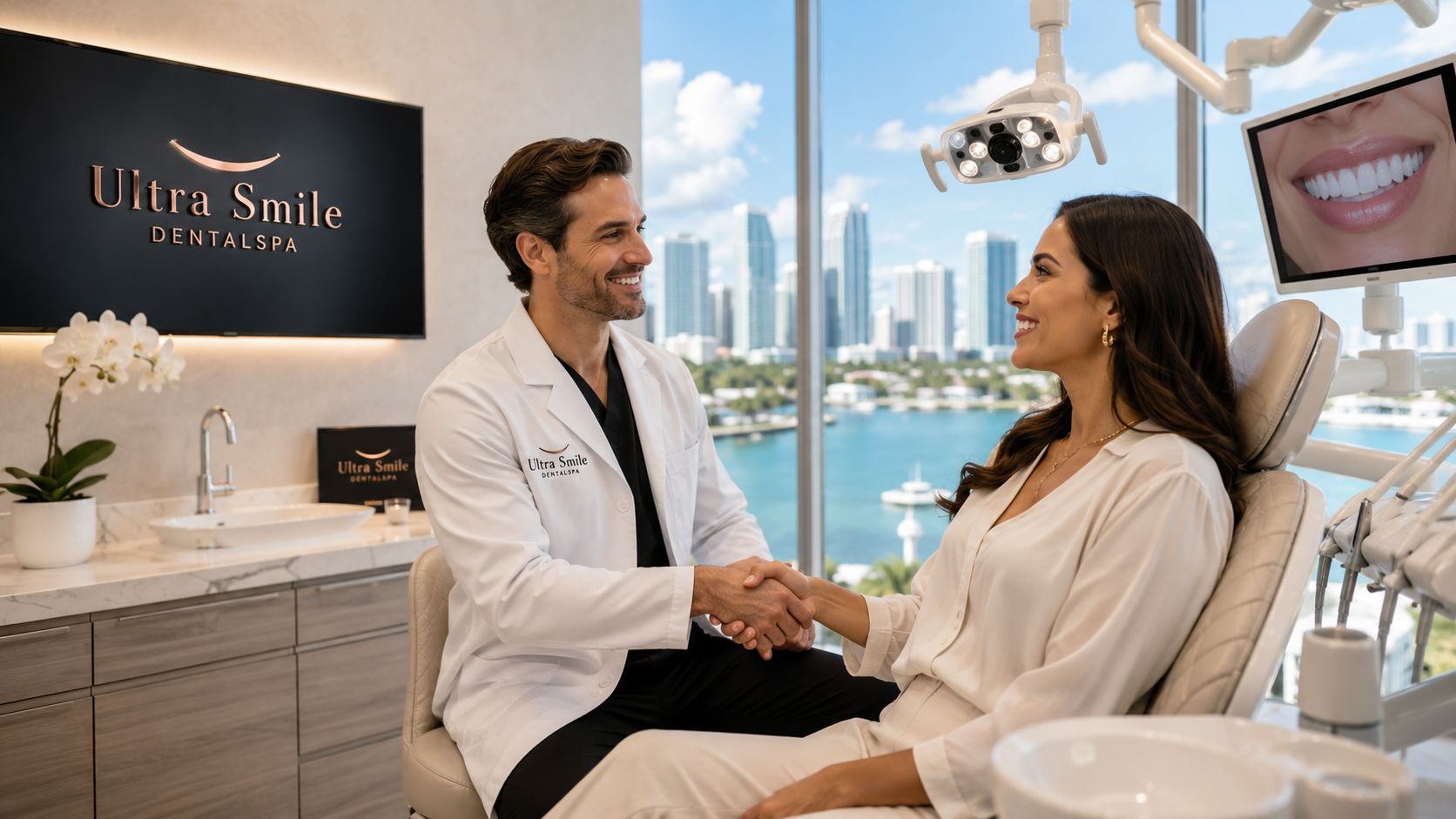 A professional dentist shaking hands with a smiling patient inside a modern dental office with city views.