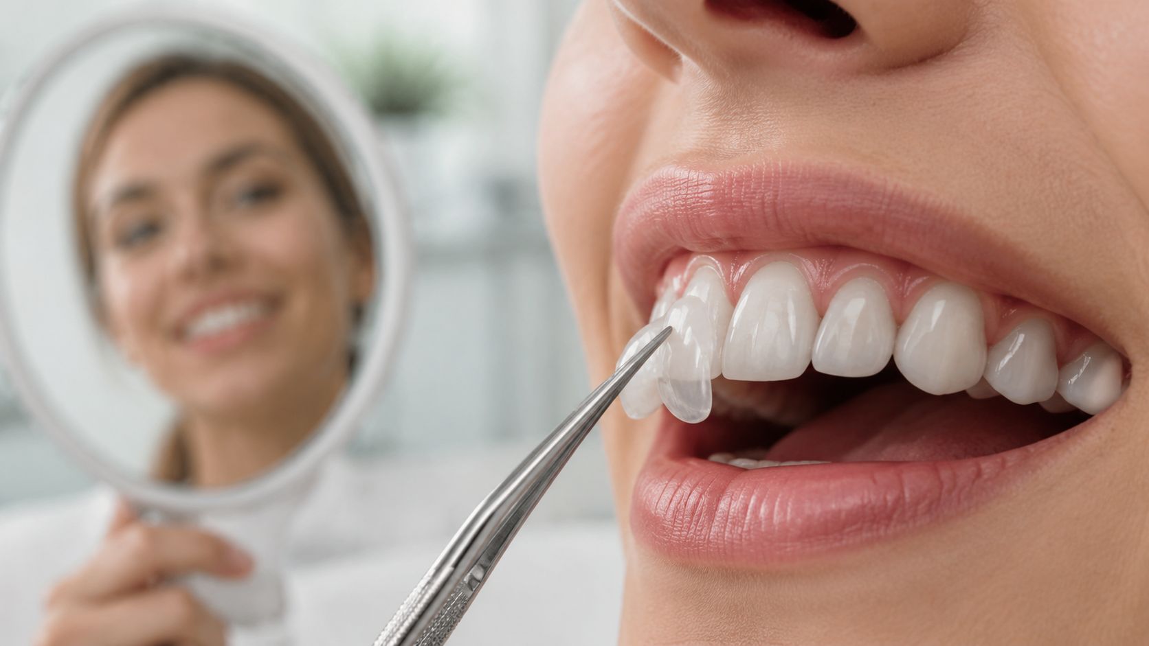 A dentist placing a thin porcelain veneer onto a patient's tooth with a professional dental instrument.
