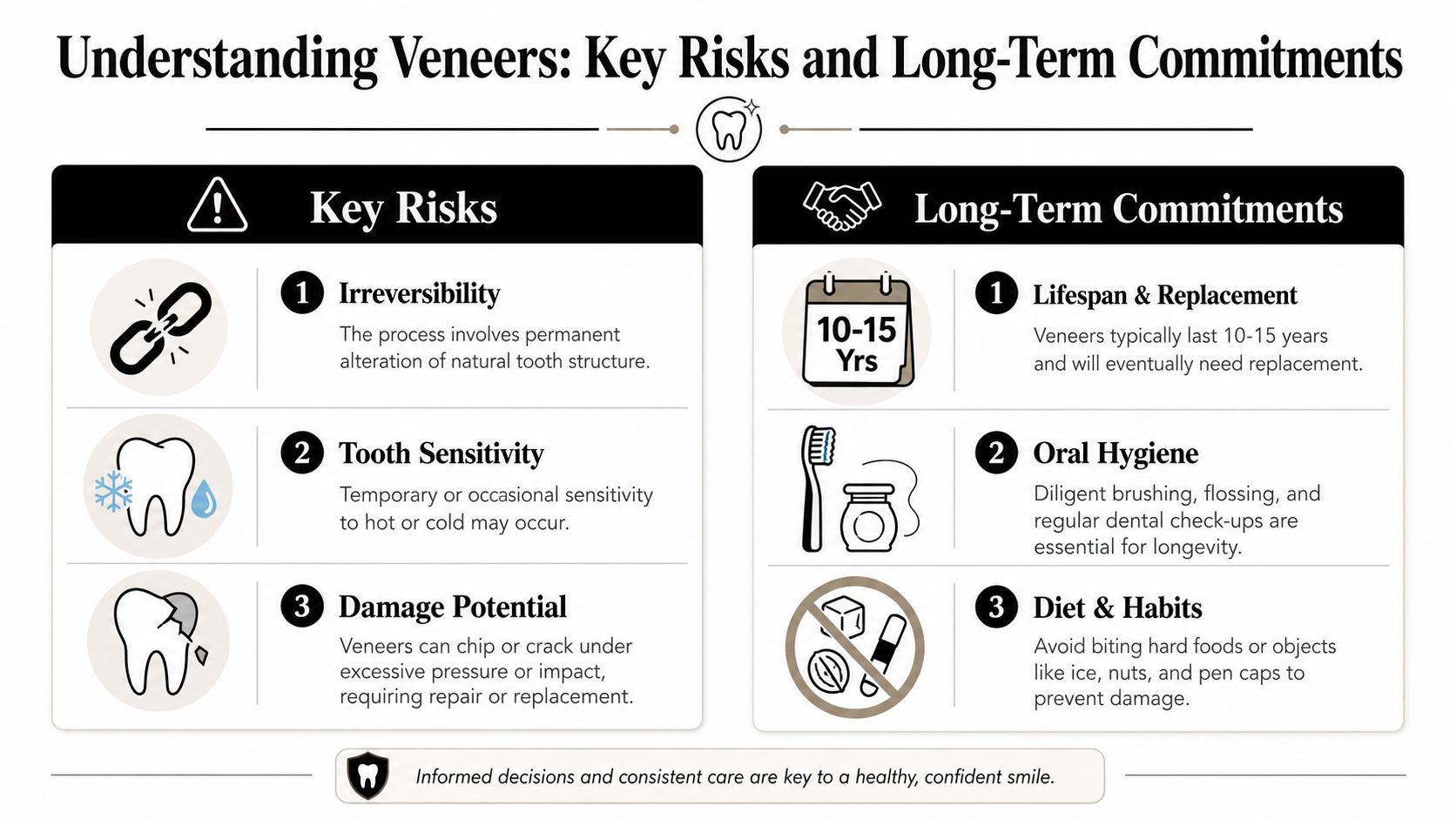 An infographic titled Understanding Veneers listing key risks, such as irreversibility and sensitivity, and long-term maintenance commitments.