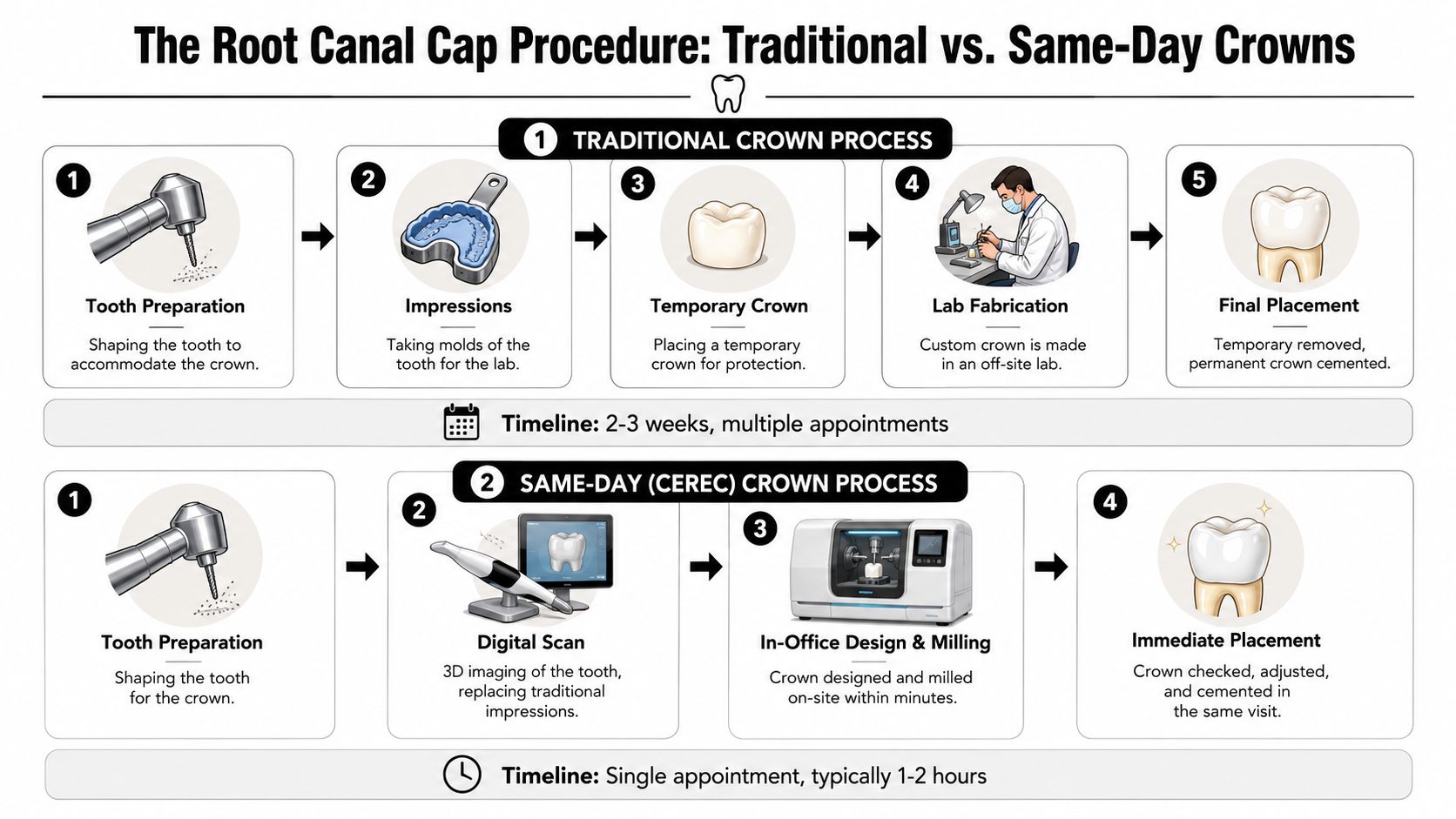 A comparison infographic showing the steps of traditional versus same-day root canal crown dental procedures.