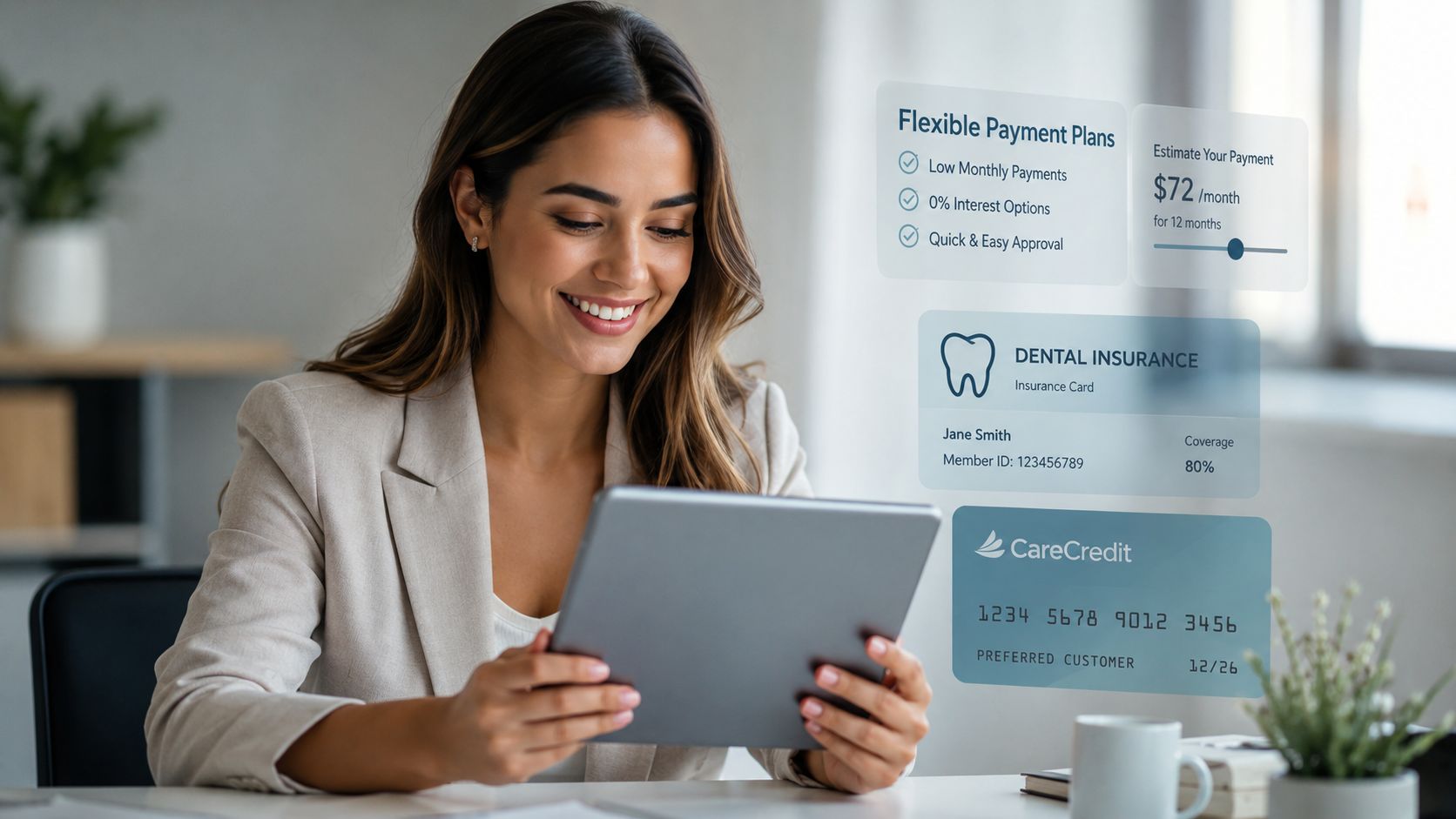 A woman reviewing dental payment plans and insurance details on her digital tablet while working in office.
