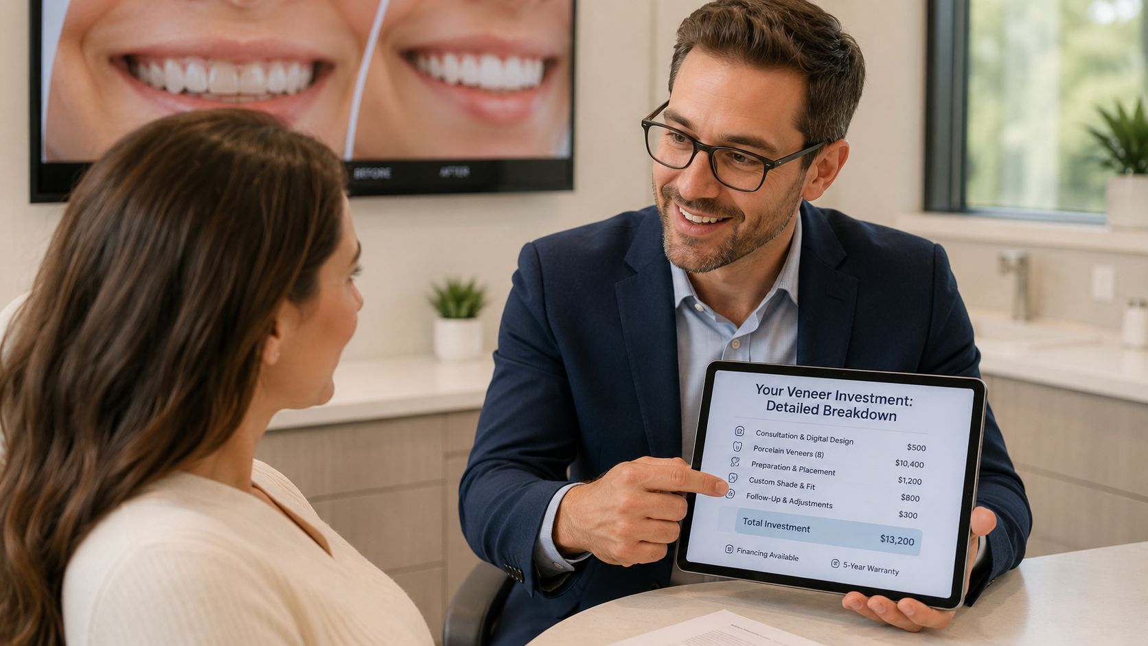 A professional dentist discussing a detailed dental veneer treatment cost breakdown with a patient in an office.