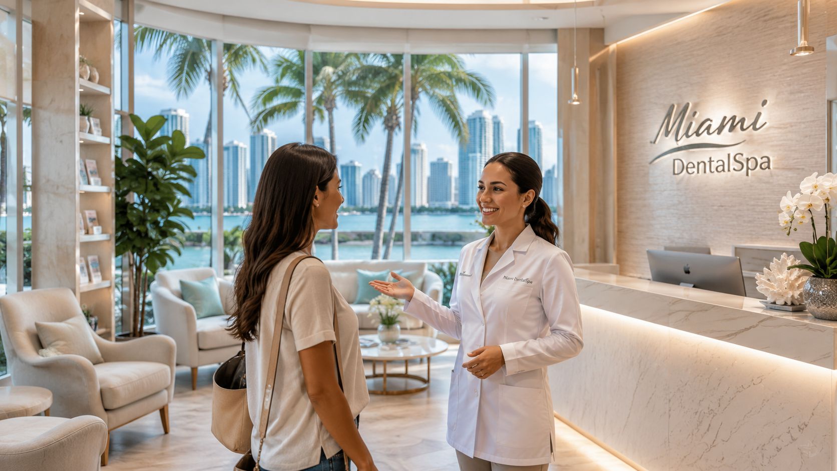 A friendly dental assistant greets a patient at the front desk of a modern Miami dental spa.