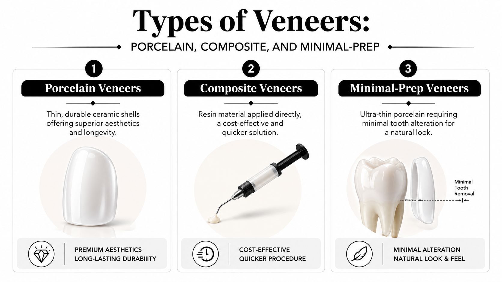 A visual guide illustrating the three main types of dental veneers: porcelain, composite, and minimal-prep veneers.