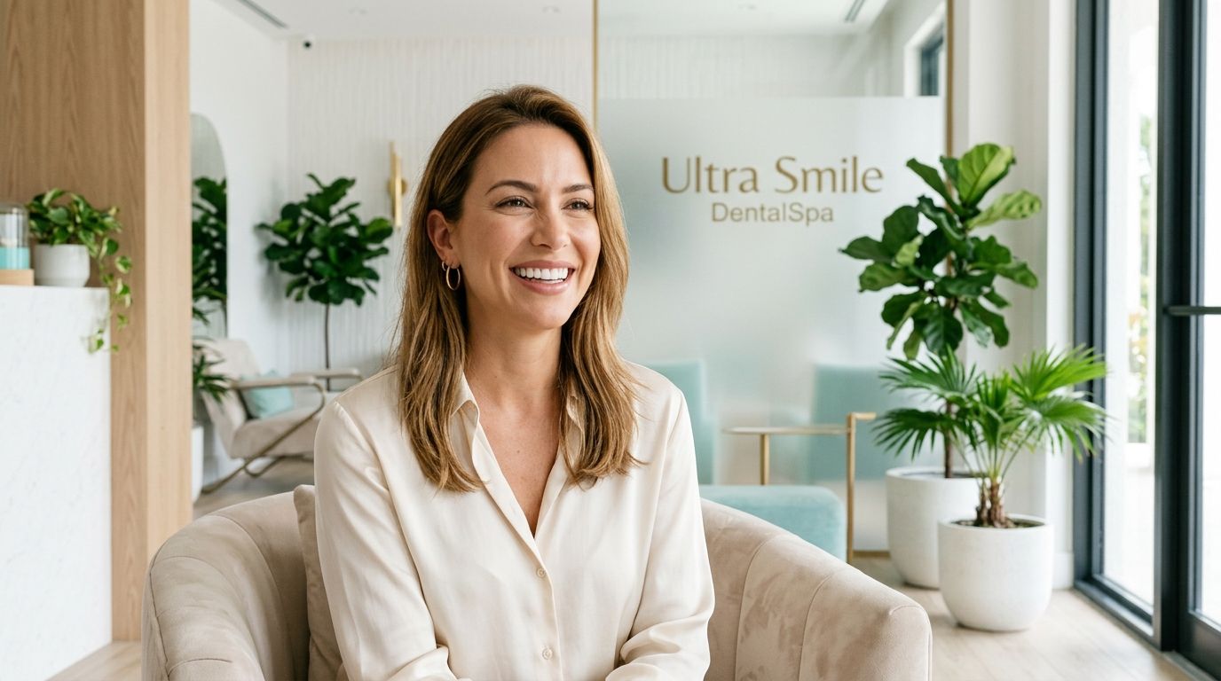 A smiling woman sitting comfortably in a modern dental spa lobby with plants and bright interior decor.