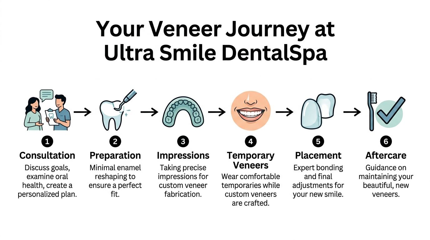 A six-step infographic illustrating the porcelain veneer treatment process at Ultra Smile DentalSpa.