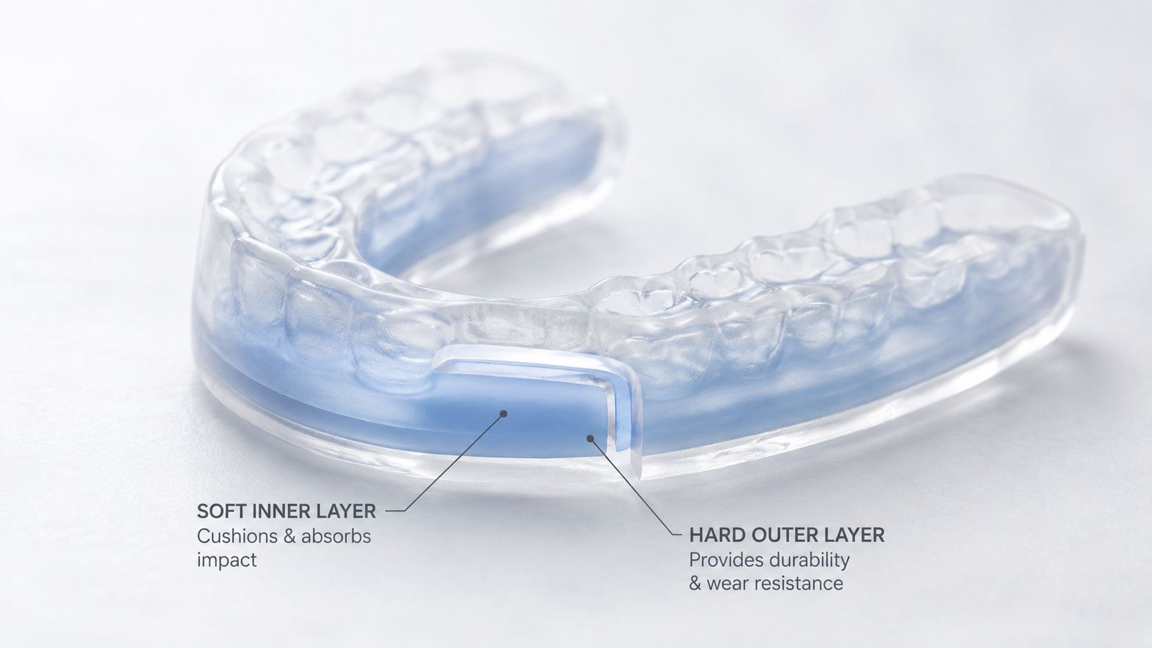 A dual-layer dental night guard showcasing its soft inner cushioning layer and durable hard outer layer.
