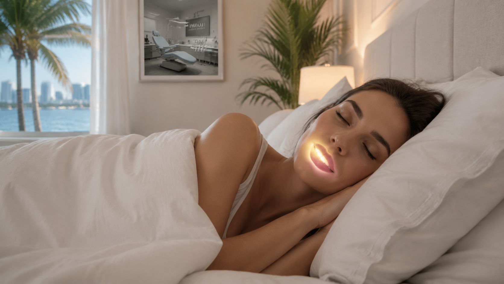A woman sleeping comfortably in bed with a glowing dental night guard in her mouth.