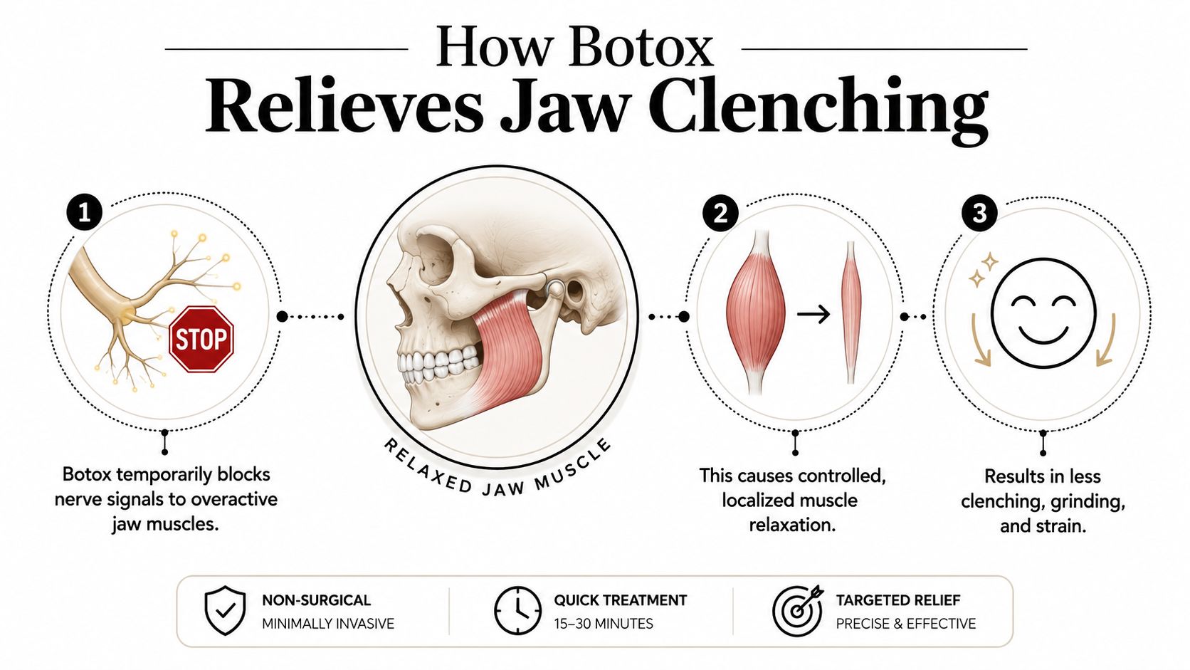 A diagram explaining how Botox injections work to relieve jaw clenching and muscle strain through three steps.
