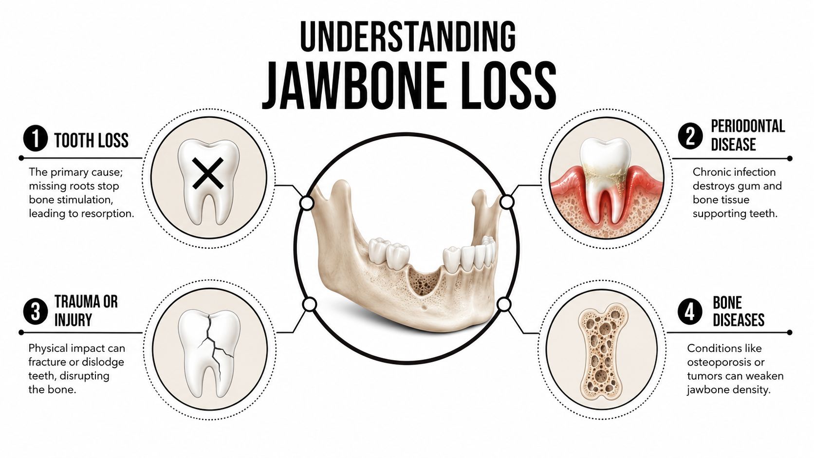 An infographic illustrating four common causes of jawbone loss, including tooth loss, periodontal disease, trauma, and bone diseases.