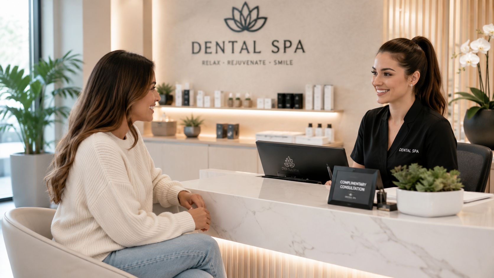 A friendly receptionist smiling at a client at a modern dental spa reception desk during consultation.