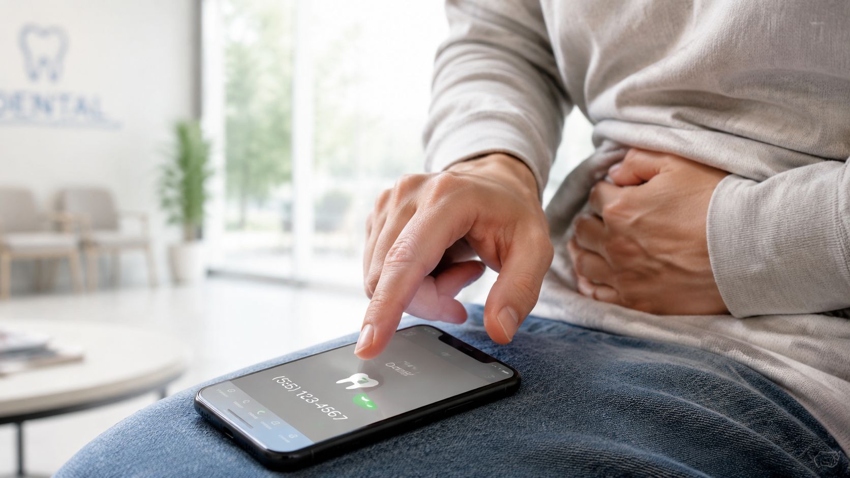 A person sitting in a dental office holding their stomach while using a smartphone to make a call.