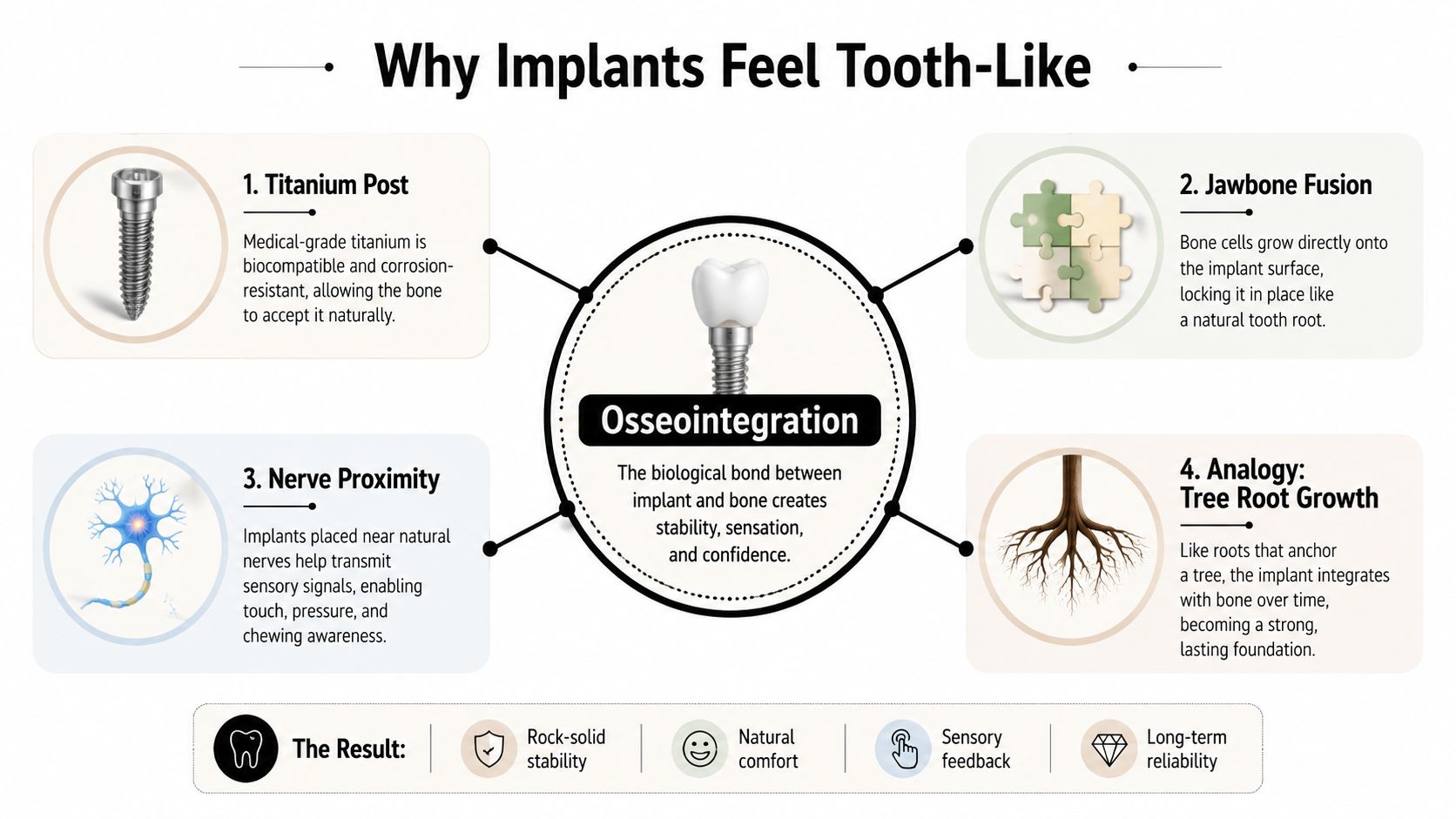 An infographic explaining how dental implants achieve a natural, tooth-like feeling through the process of osseointegration.