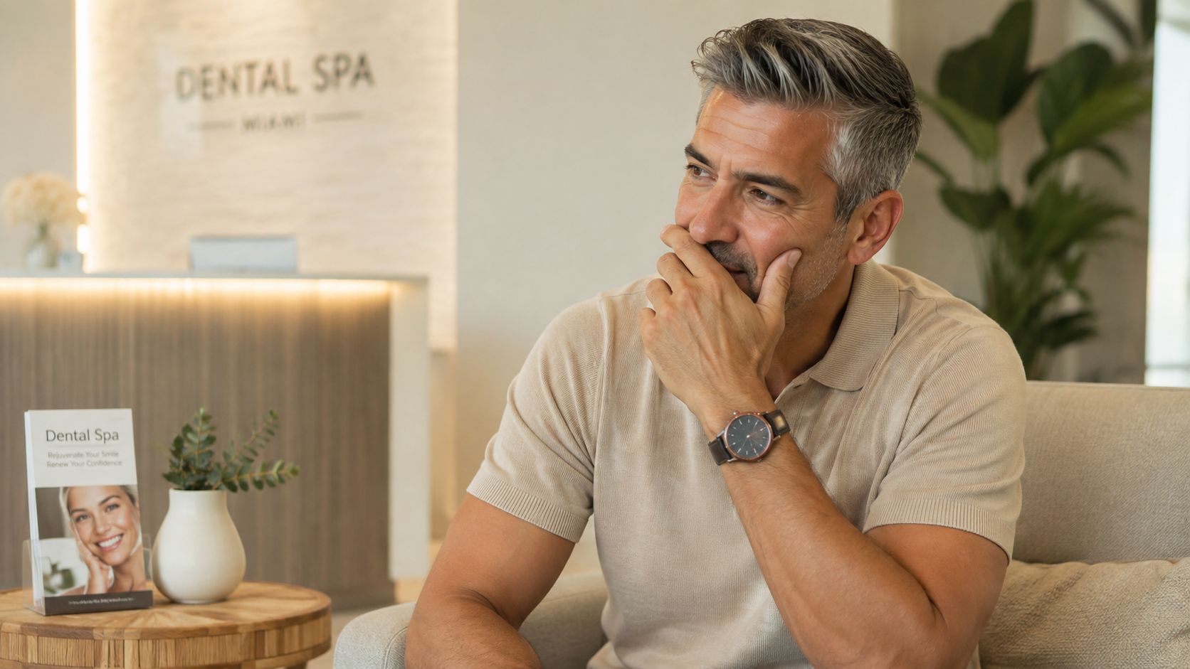 A middle-aged man with salt-and-pepper hair sitting in a modern dental office waiting area.