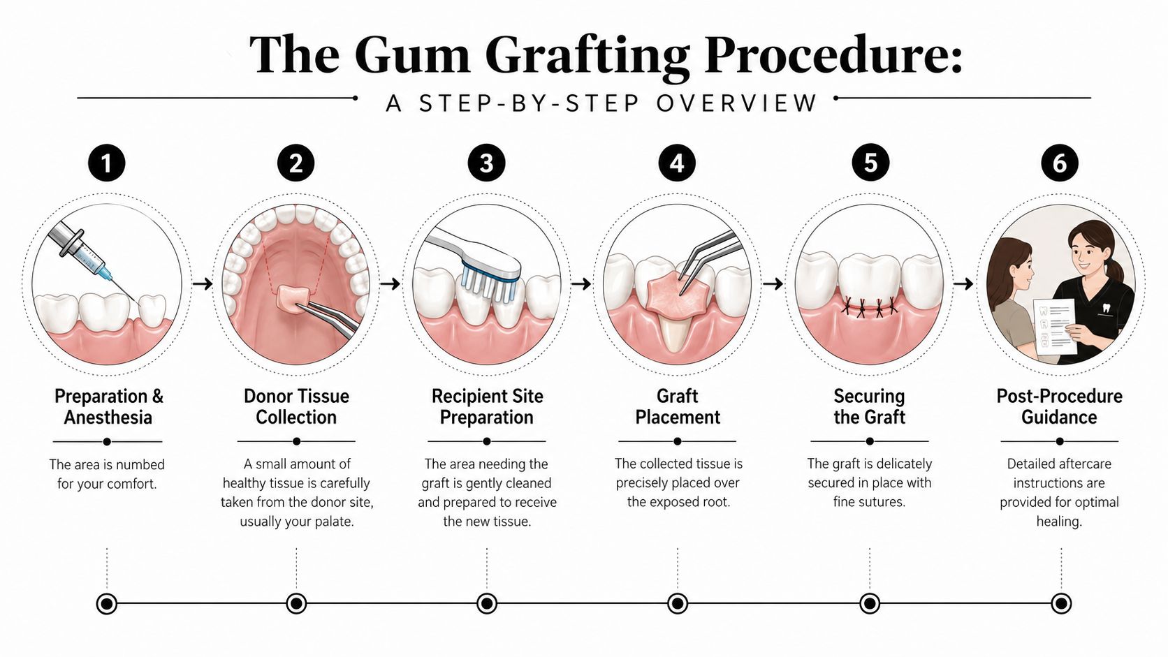 A six-step infographic illustrating the dental gum grafting procedure from anesthesia to post-procedure guidance and patient care.