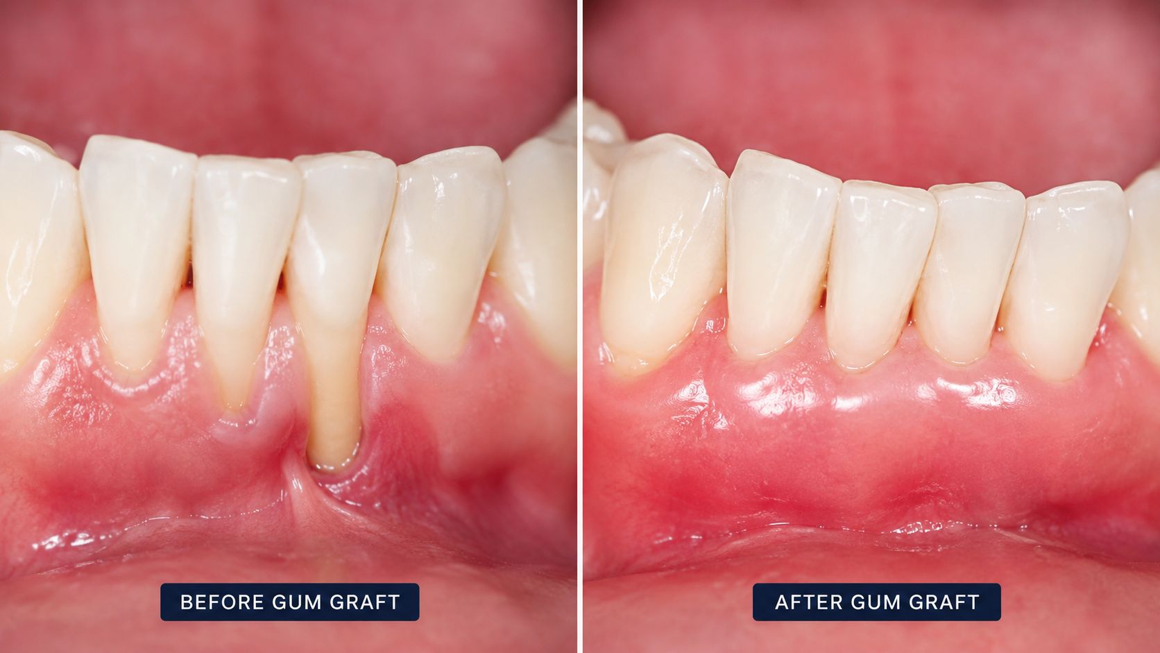 A close-up dental comparison showing a patient's gum line before and after receiving a gum grafting procedure.