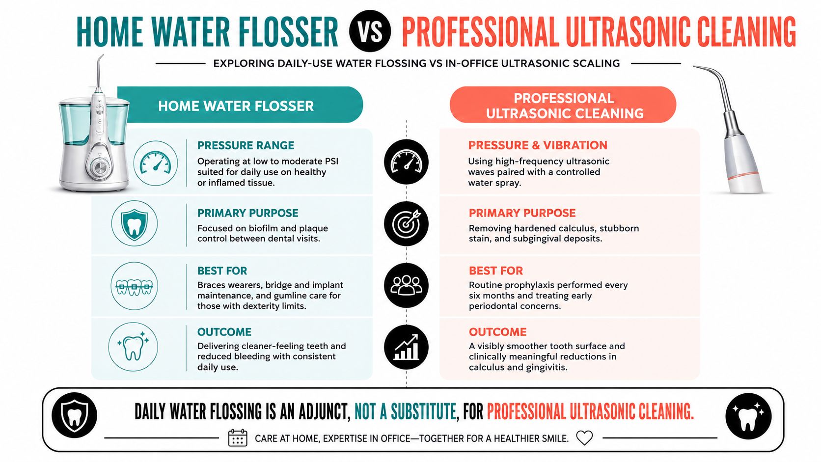 A comparative infographic detailing the differences between at-home water flossing and professional in-office ultrasonic dental cleaning.