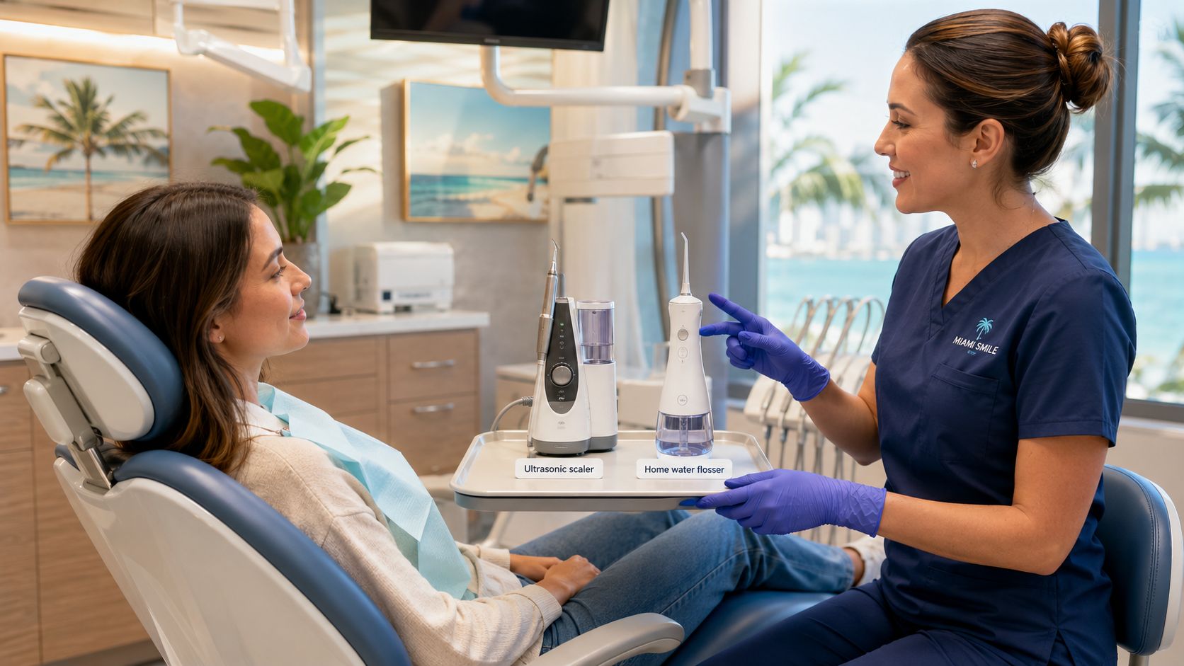 A dentist shows a patient an ultrasonic scaler and a home water flosser during a dental consultation.