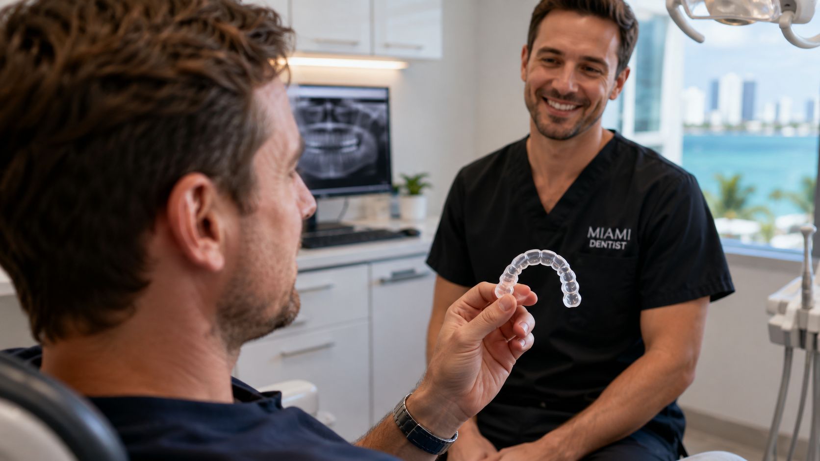 A friendly dentist showing a clear teeth alignment tray to his patient in a modern dental office.