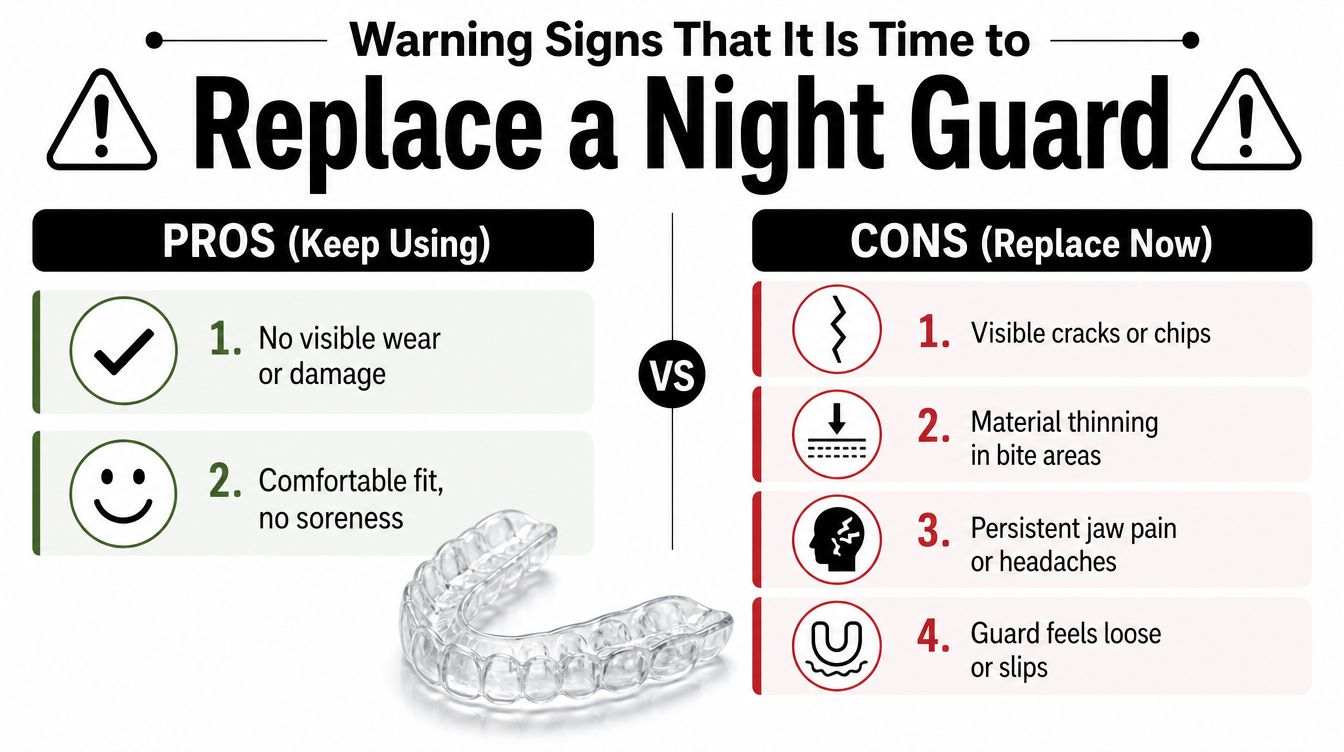 An infographic showing signs to keep or replace a dental night guard to maintain oral health.