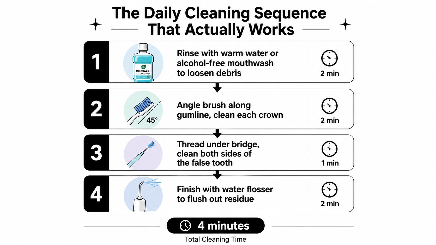 An infographic detailing a four-step daily cleaning sequence for dental bridges, including estimated times for each step.