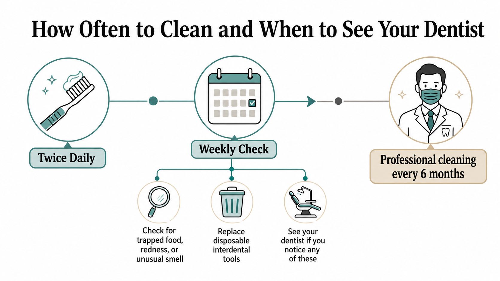 An infographic showing guidelines for dental bridge hygiene, including daily brushing, weekly inspections, and professional cleanings.