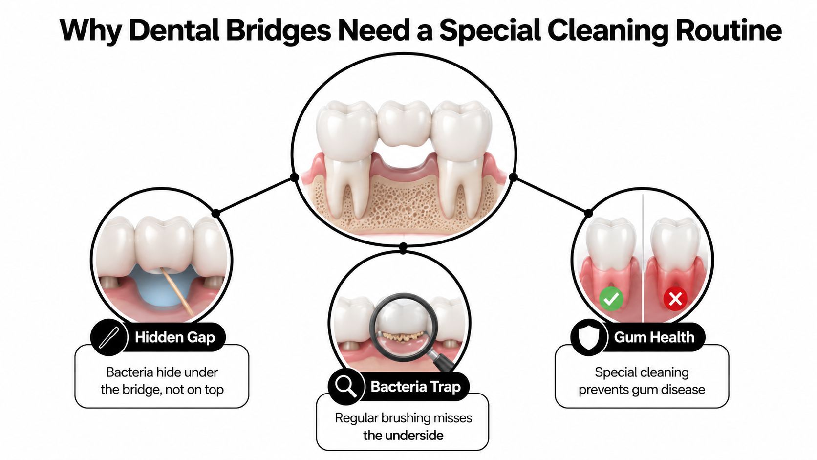 An educational dental infographic explaining why specialized cleaning is necessary for maintaining dental bridges and gum health.