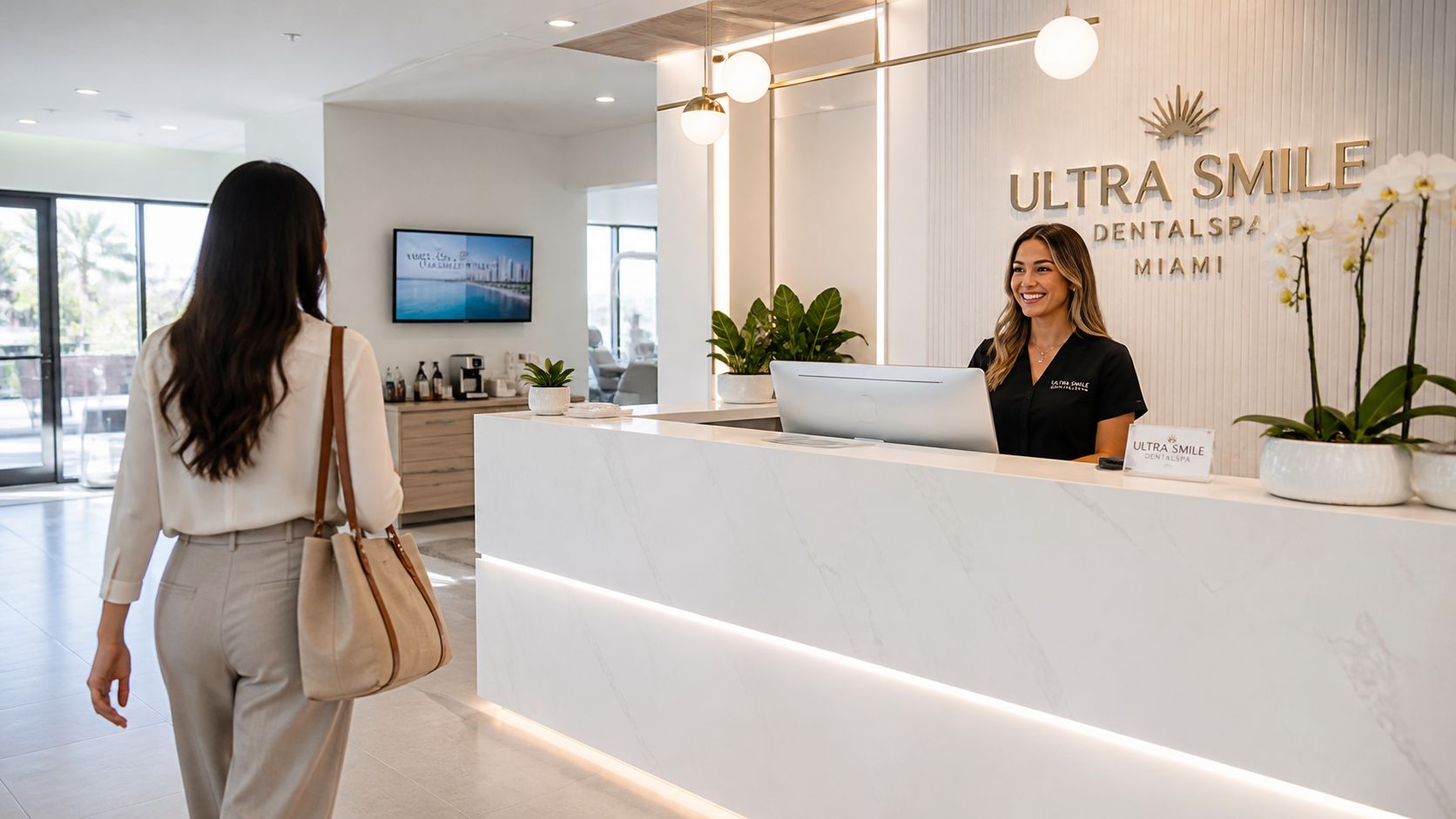 A friendly receptionist greeting a patient at the modern front desk of a professional dental spa.