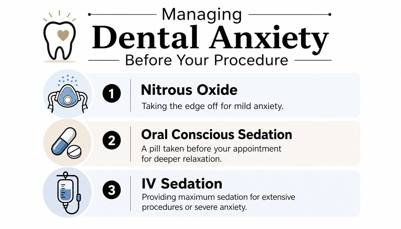 A graphic showing three ways to manage dental anxiety before a dental procedure, including sedation options.