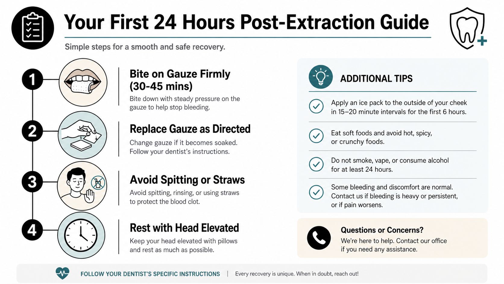 A helpful infographic outlining four essential recovery steps and additional tips for dental extraction patients.