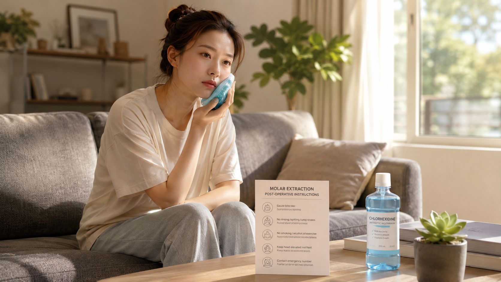 A woman recovering on a sofa with an ice pack after a molar extraction dental procedure.