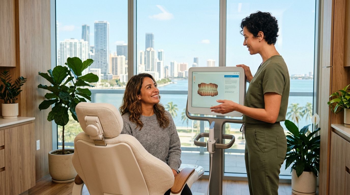 A professional dentist discussing a 3D dental scan with a smiling female patient in a modern clinic.