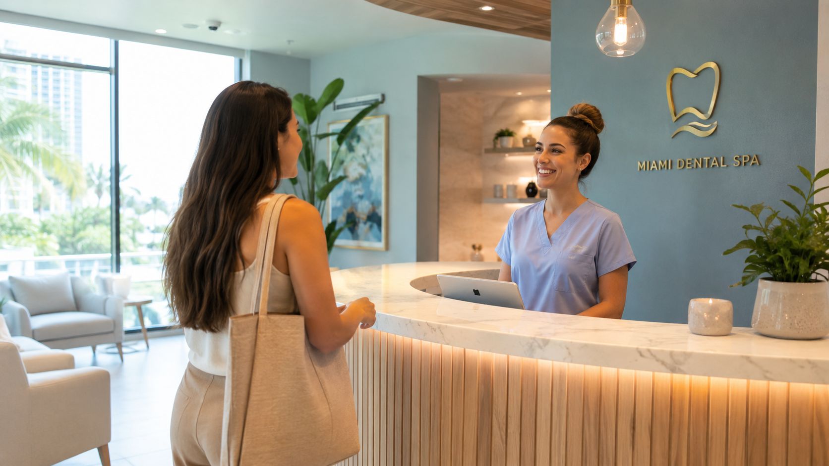 A friendly receptionist greeting a patient at the front desk of a modern Miami Dental Spa office.