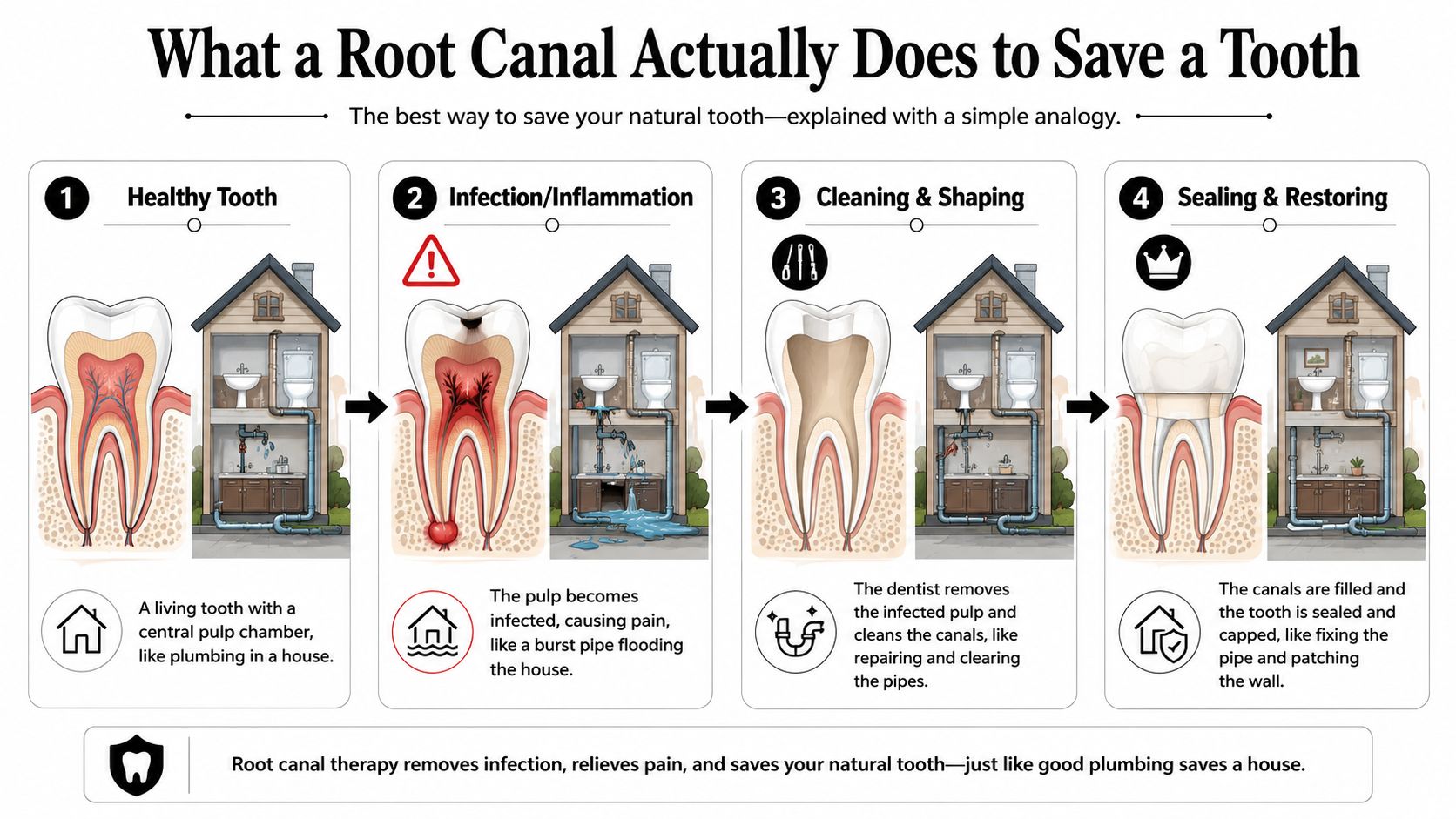 A dental infographic comparing root canal treatment to repairing plumbing in a house to save a tooth.