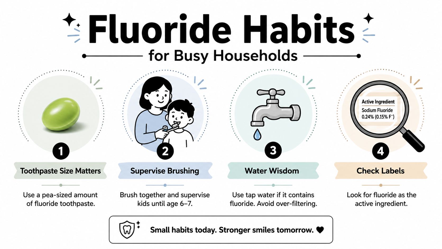 An infographic illustrating four important fluoride habits for families, including toothpaste usage, supervision, and water quality.