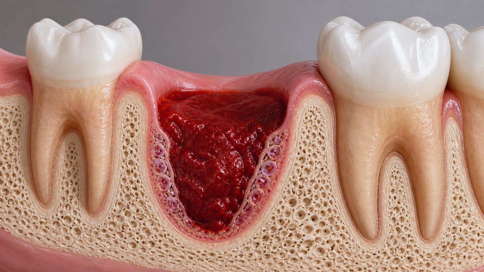 A cross-section illustration showing a tooth socket filled with a blood clot after a tooth extraction.