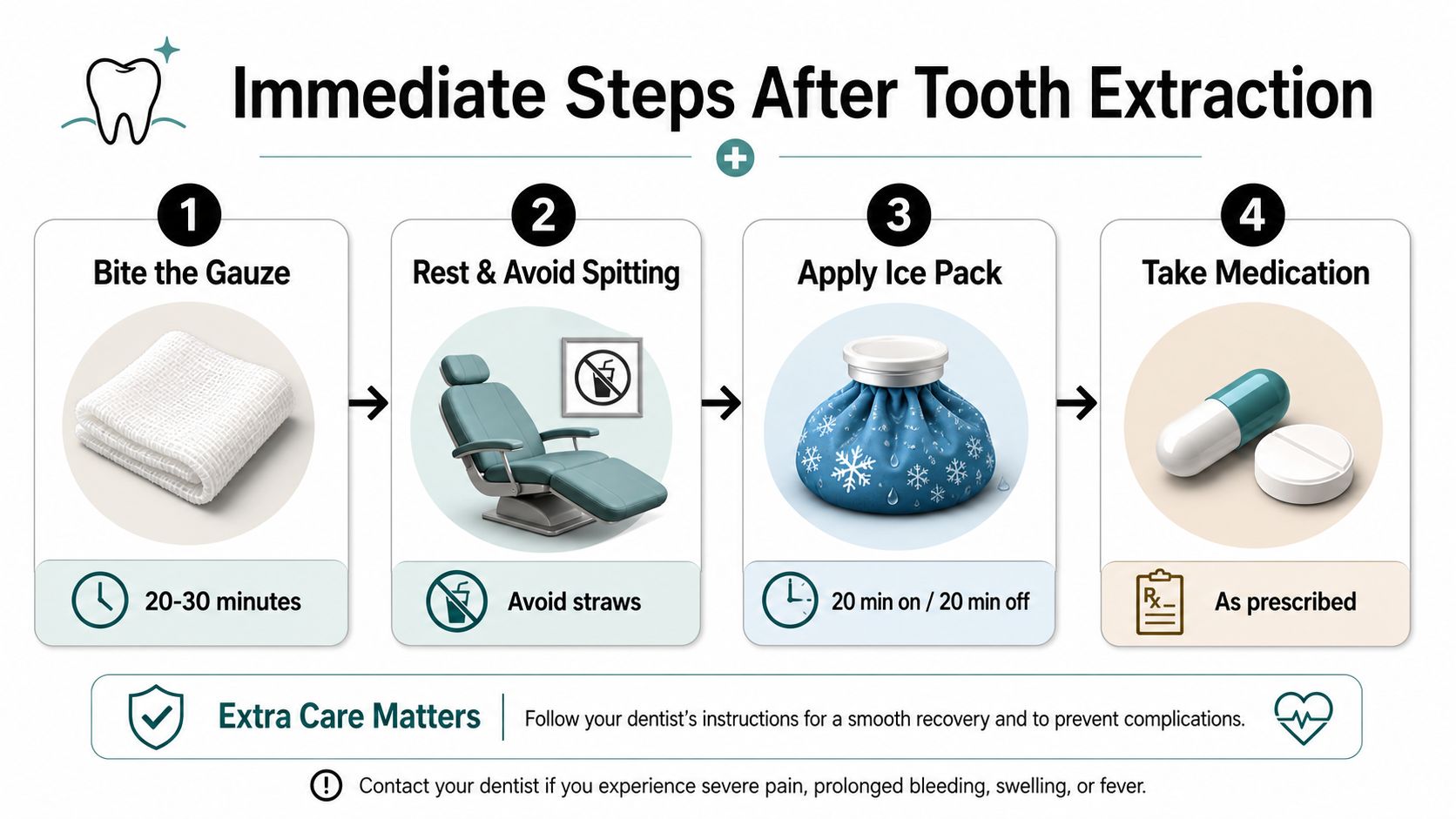 A step-by-step infographic showing post-extraction care instructions including biting gauze, resting, ice application, and taking medication.