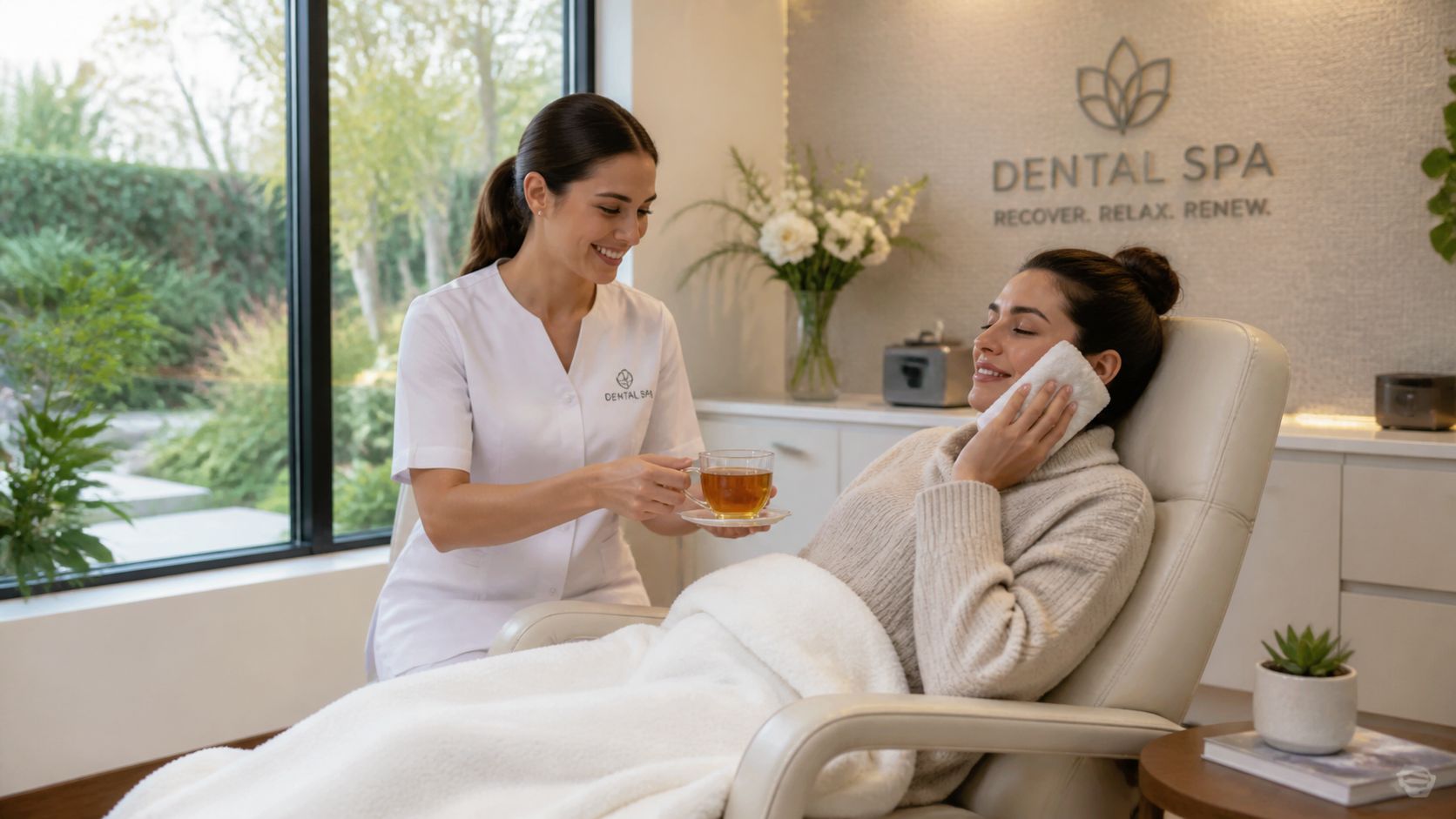 A friendly dental assistant offers a cup of tea to a patient recovering from a procedure.