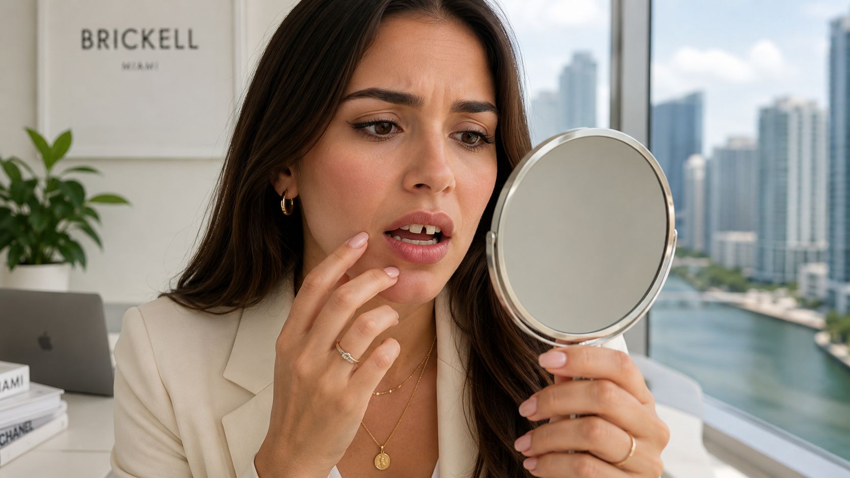 A concerned woman checking her teeth in a small mirror while sitting in a modern office.