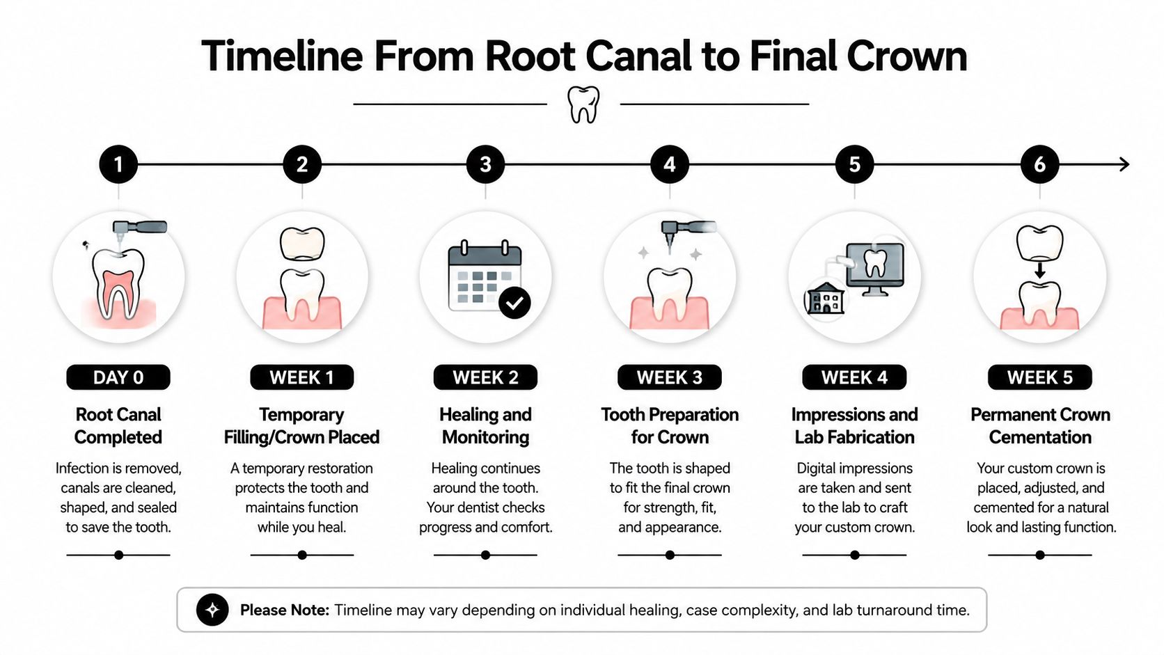 A six-step dental timeline infographic illustrating the process from root canal completion to final permanent crown placement.
