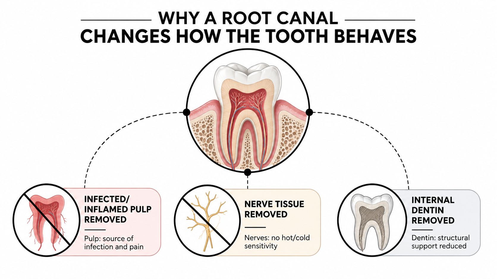 An infographic showing how a root canal procedure affects tooth behavior by removing infected pulp, nerves, and dentin.