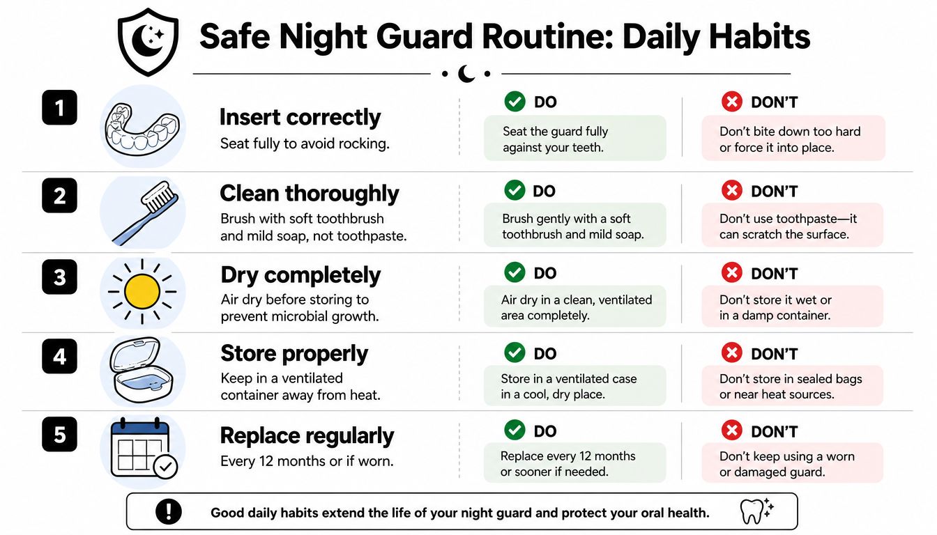 An infographic titled Safe Night Guard Routine illustrating five essential steps for proper night guard care.