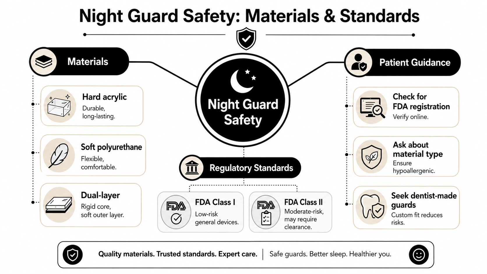 An infographic titled Night Guard Safety explaining common materials, regulatory standards, and important patient guidance for dental guards.