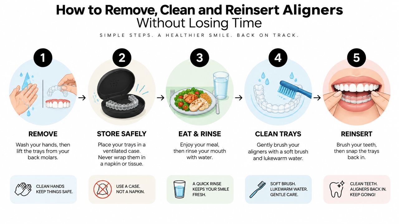 A five-step instructional infographic showing how to properly remove, store, clean, and reinsert clear dental aligners.