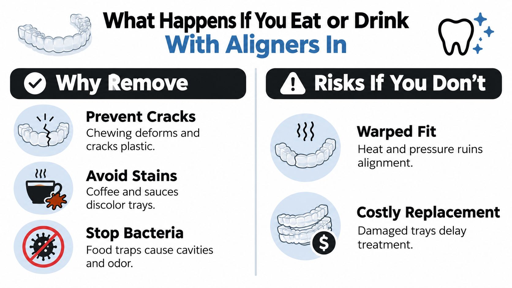 An infographic explaining the risks of eating or drinking while wearing clear dental aligners for teeth straightening.